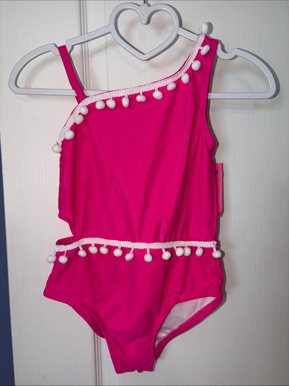 Betsey Johnson Hot Pink One-Shoulder Pom Pom Kids One-Piece Swimsuit